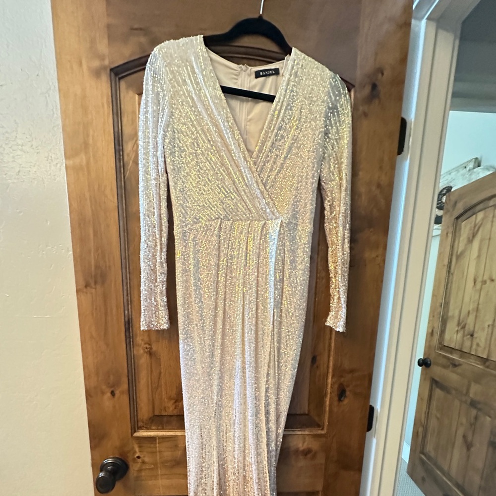 Banjul Sequin Maxi Gown Long Sleeve, Champagne Sparkle with built in bodysuit